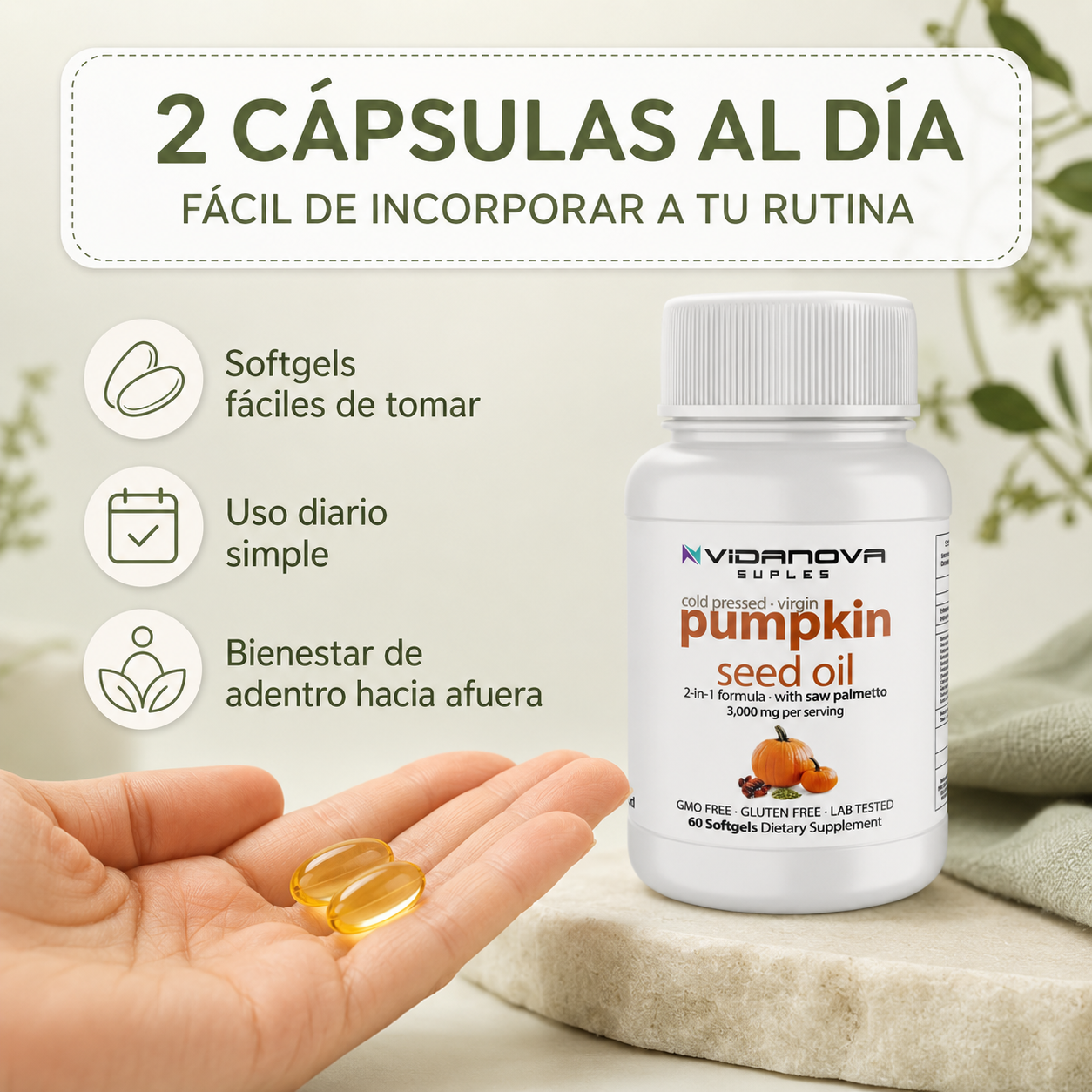 Aceite de semilla de calabaza para el bienestar urinal masculino